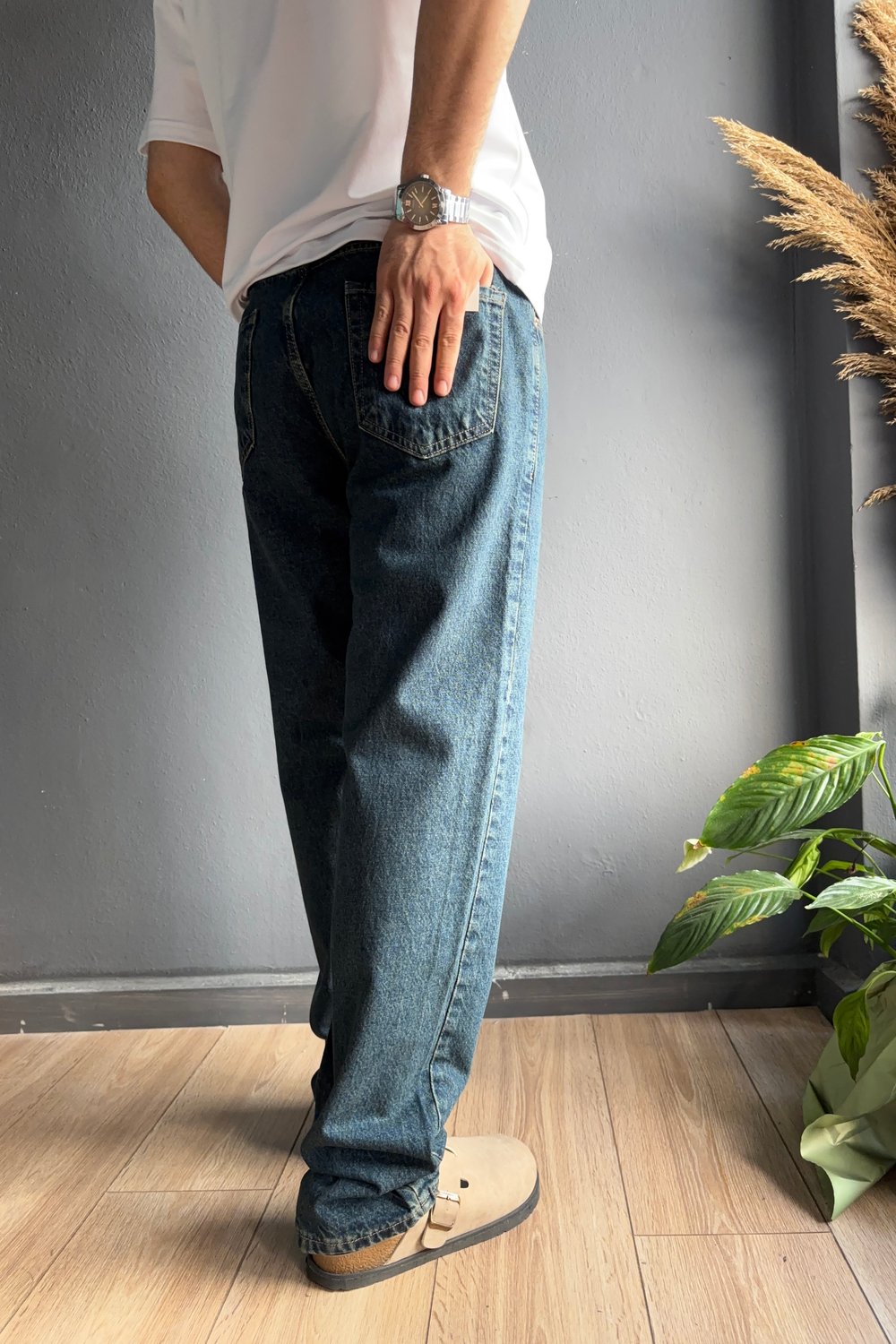 Yeşil Efektli Baggy Jean Pantolon