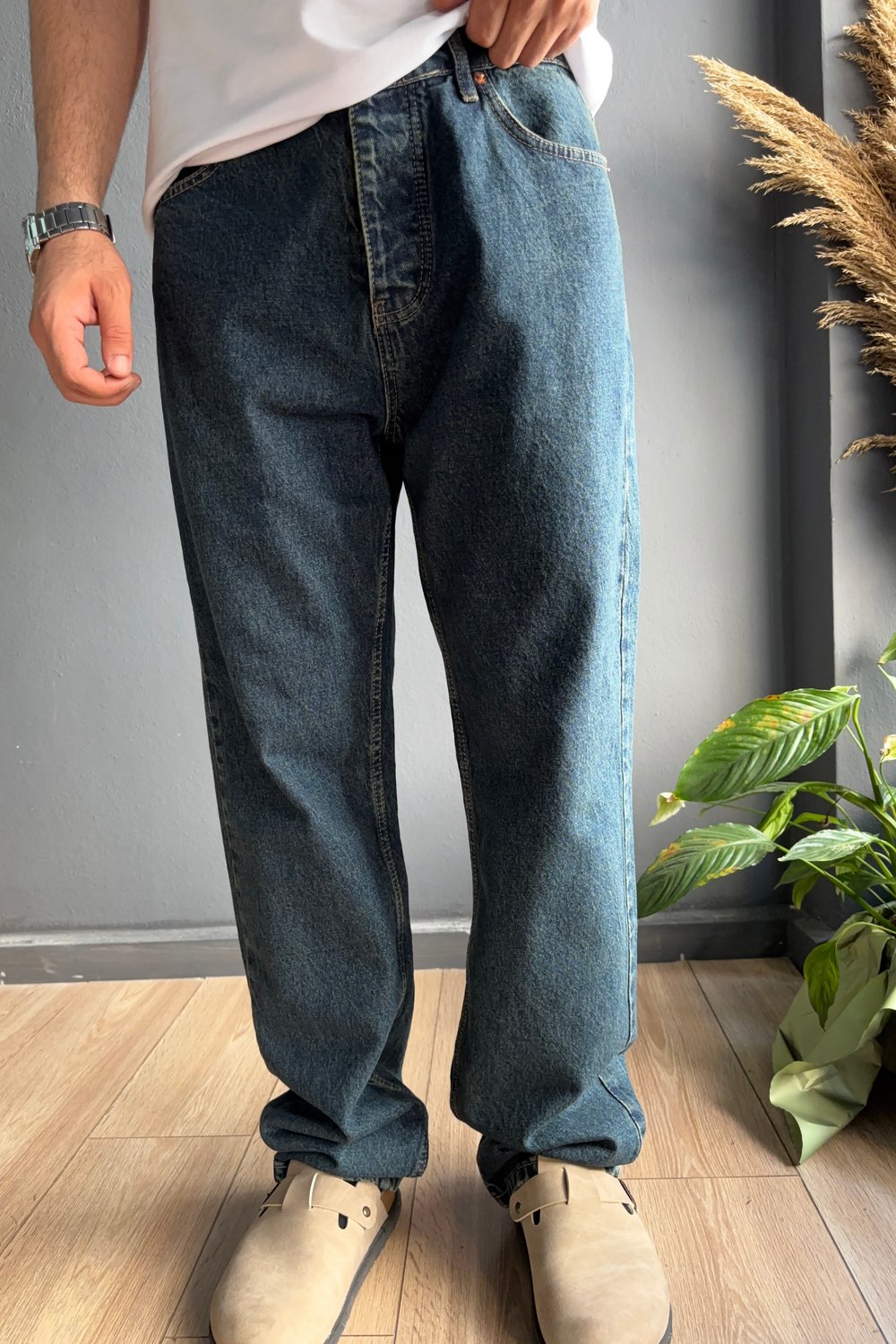 Yeşil Efektli Baggy Jean Pantolon