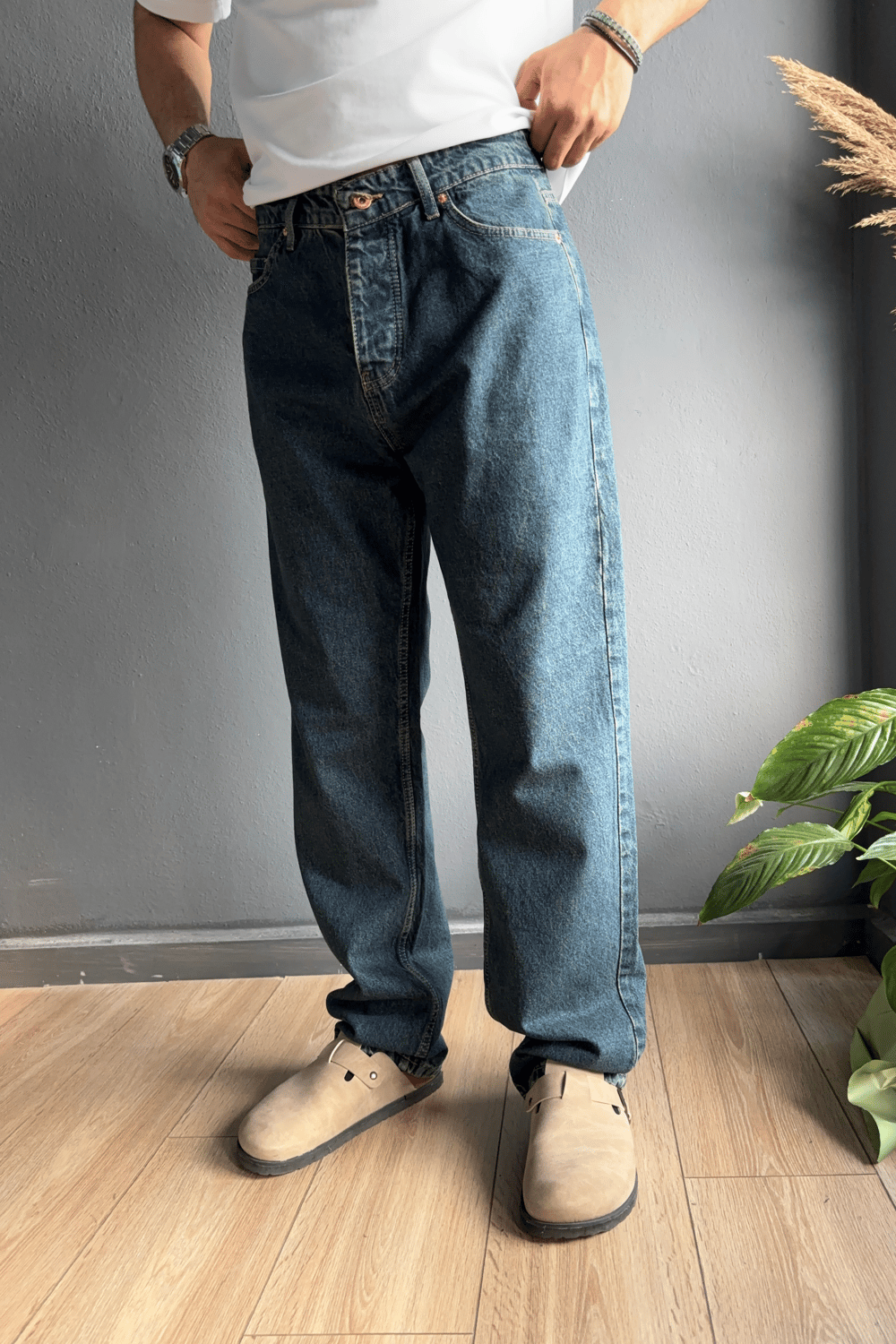 Yeşil Efektli Baggy Jean Pantolon