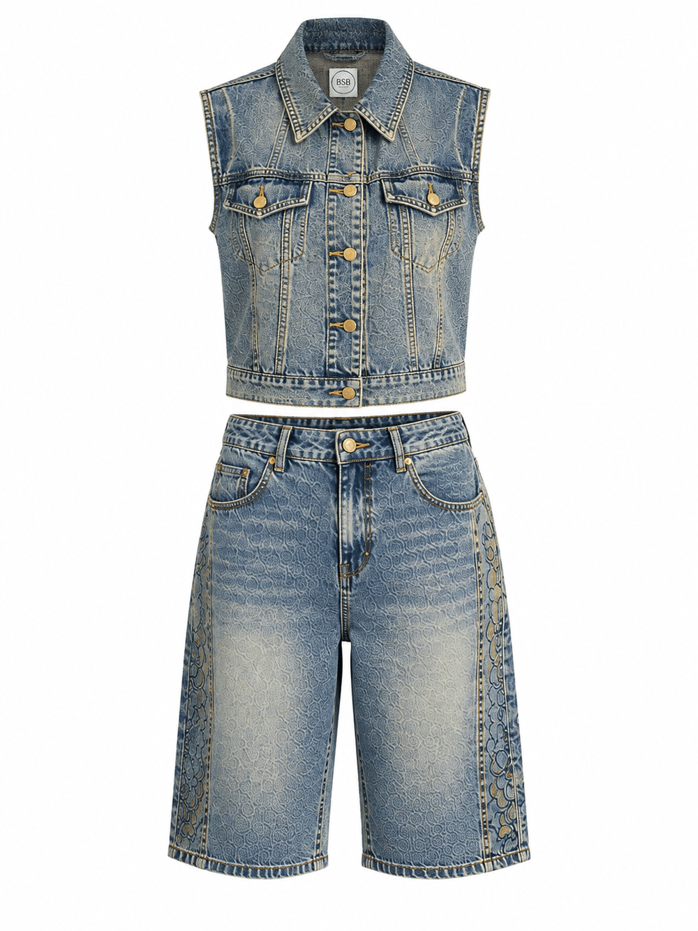 Çiçek Nakışlı Denim İkili Takım