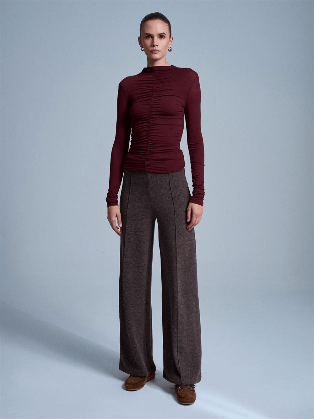 Dikiş Detaylı Geniş Paça Pantolon-Kahve