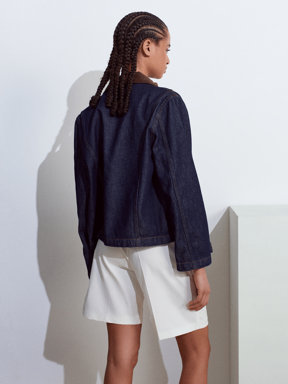 Kadife Yakalı Fermuarlı Denim Mont - Lacivert