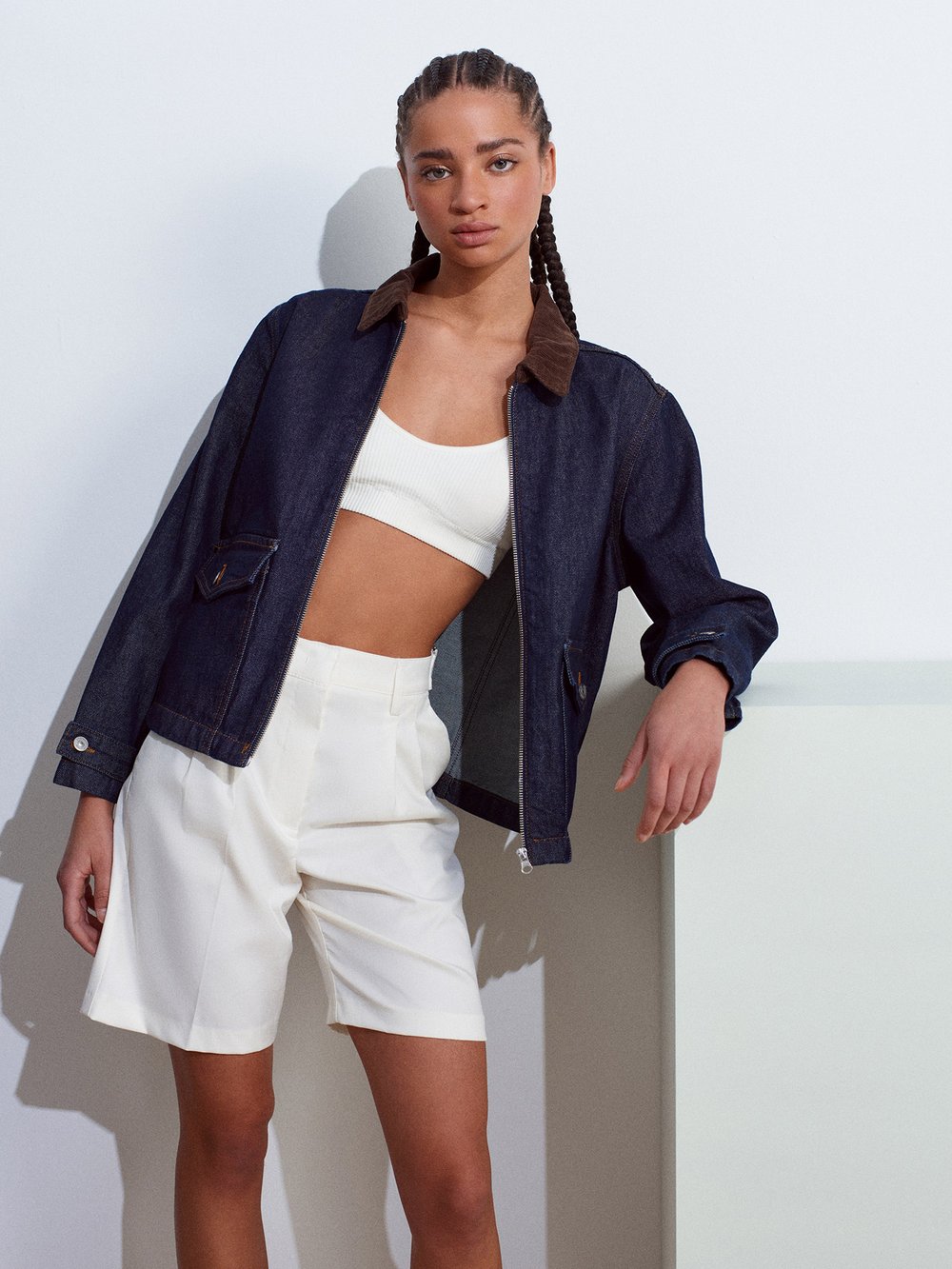 Kadife Yakalı Fermuarlı Denim Mont - Lacivert