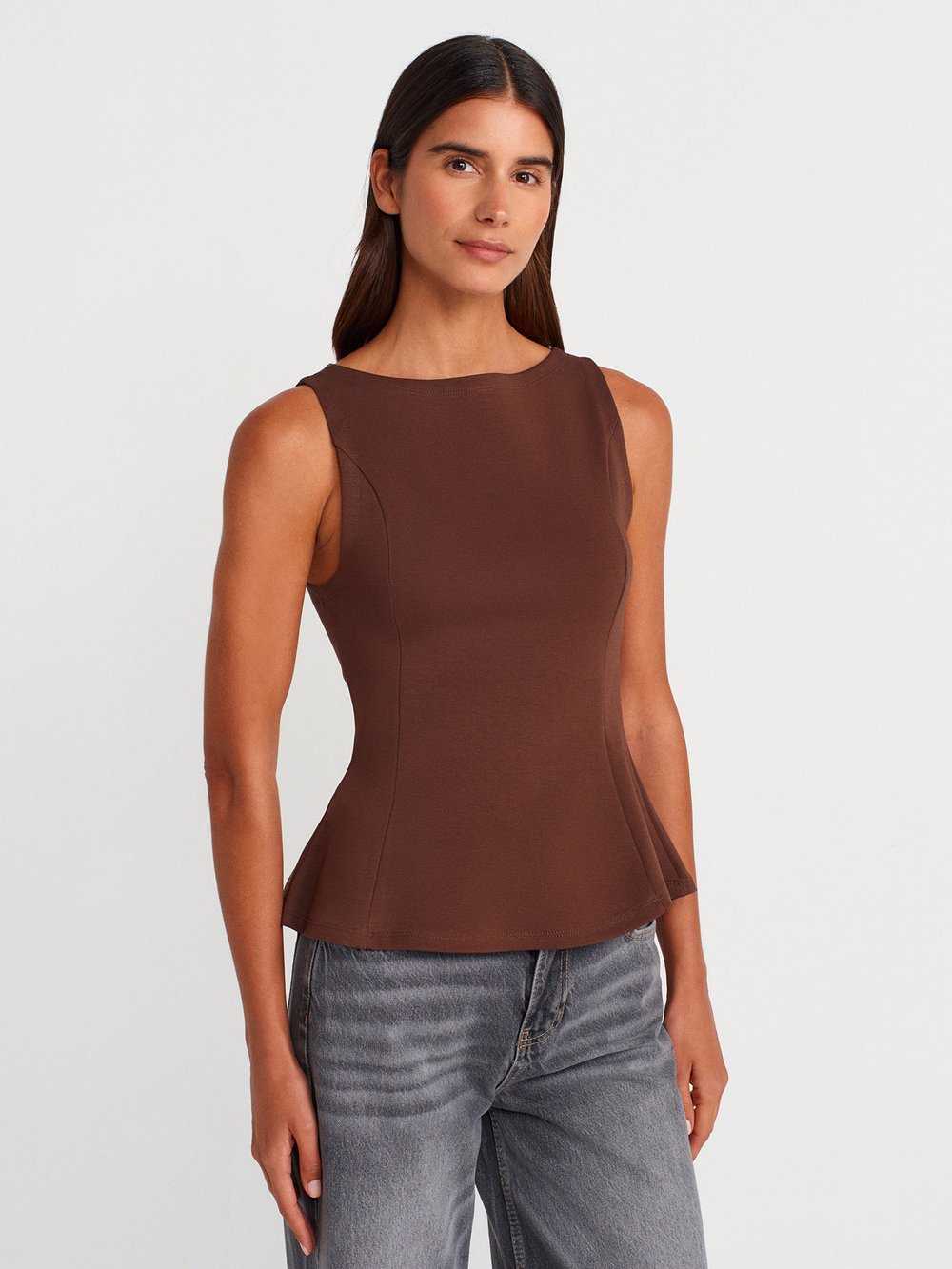 Kayık Yaka Peplum Top - Açık Kahve