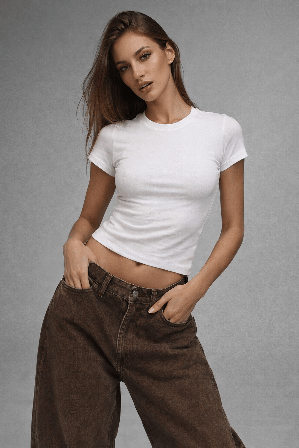  Kadın Beyaz Slim Fit Bisiklet Yaka Kısa Kollu Crop Tişört