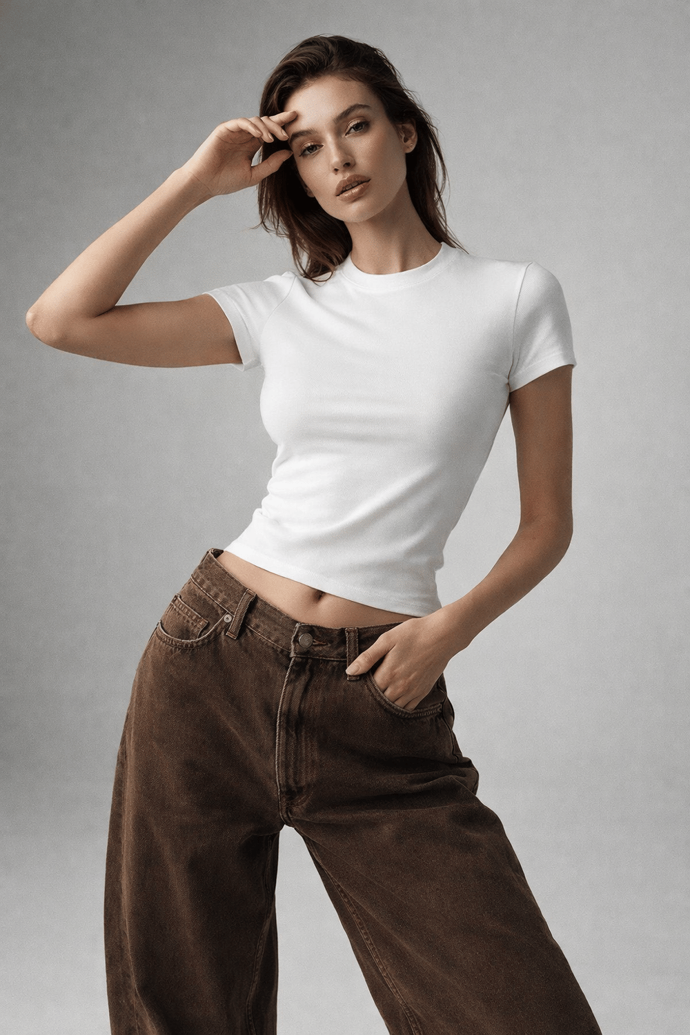  Kadın Beyaz Slim Fit Bisiklet Yaka Kısa Kollu Crop Tişört