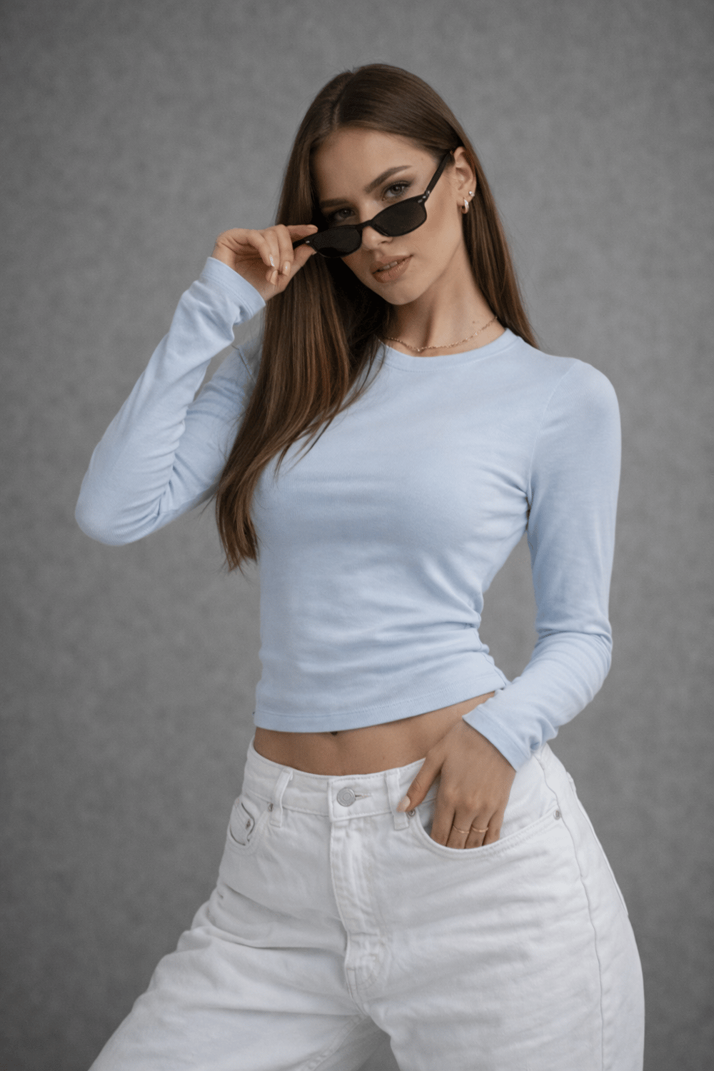 Kadın Bebe Mavi Bisiklet Yaka Uzun Kollu Basic Bluz