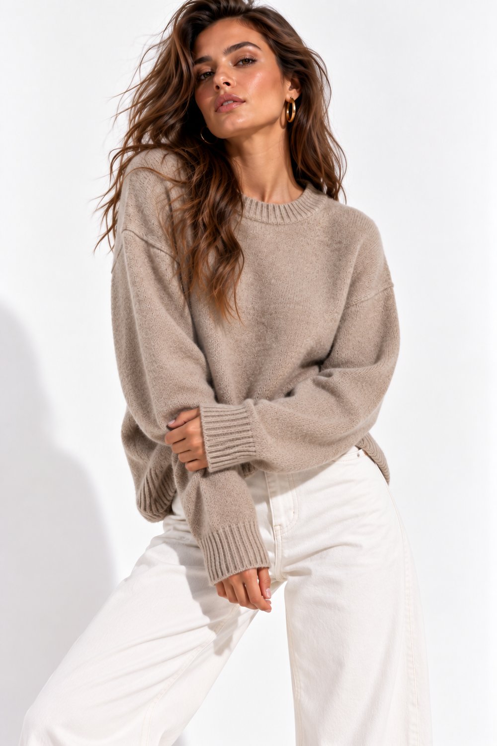 Kadın Bej Bisiklet Yaka Soft Touch Oversize Triko Kazak