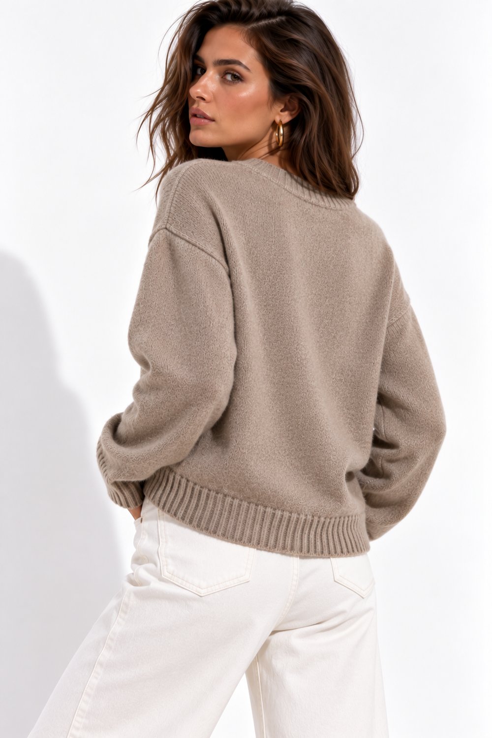 Kadın Bej Bisiklet Yaka Soft Touch Oversize Triko Kazak