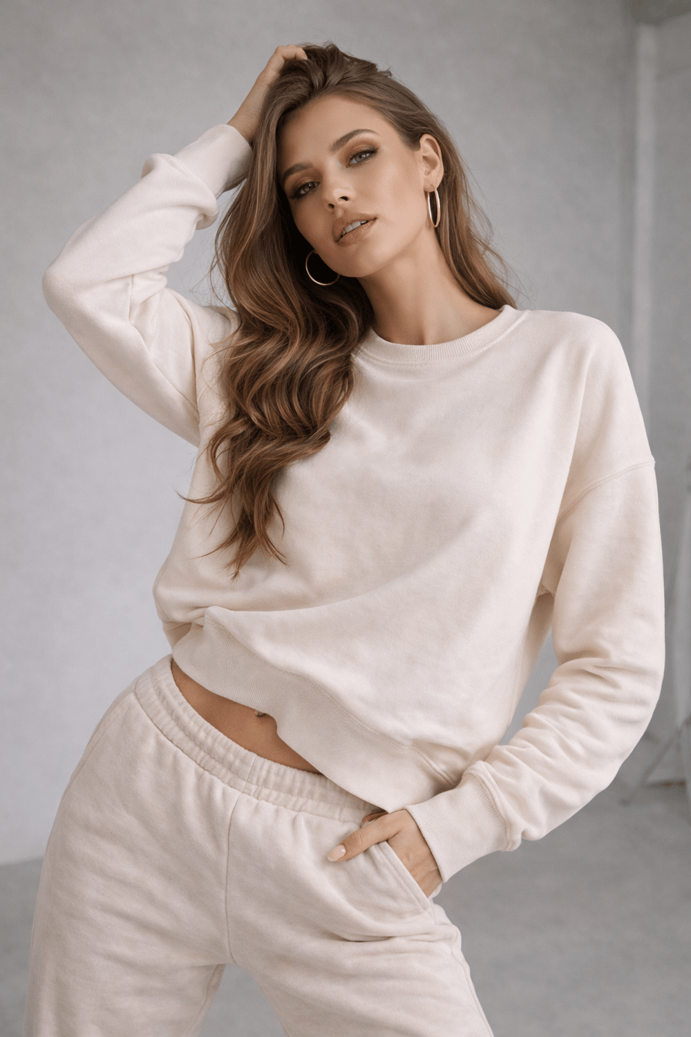 Kadın Bej Pamuklu Interlock Oversize Sweatshirt