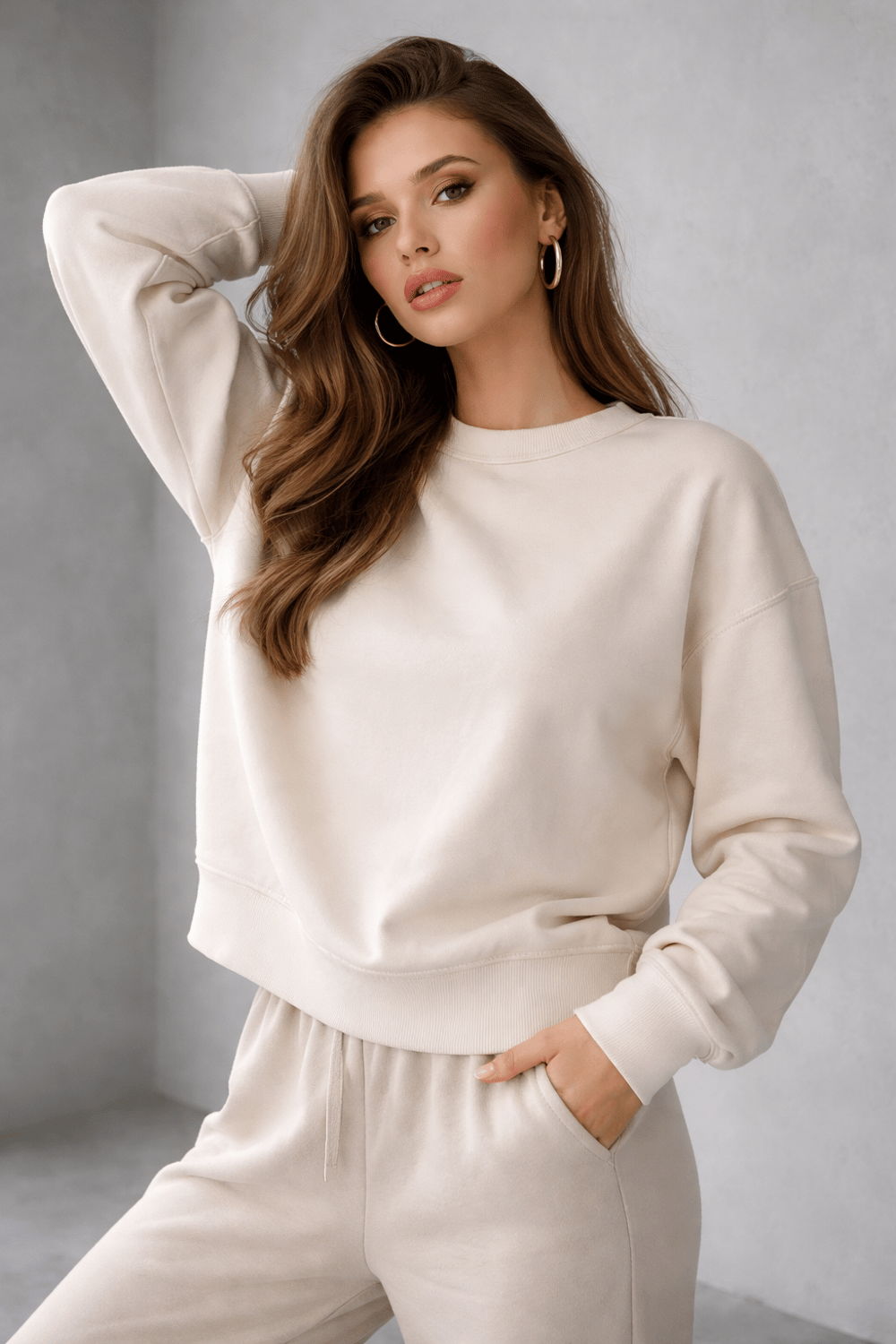 Kadın Bej Pamuklu Interlock Oversize Sweatshirt