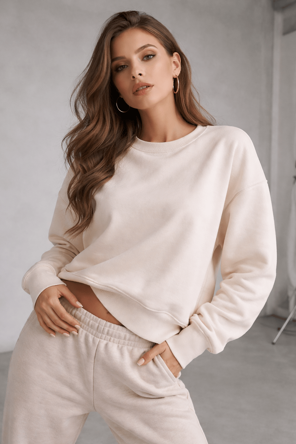 Kadın Bej Pamuklu Interlock Oversize Sweatshirt