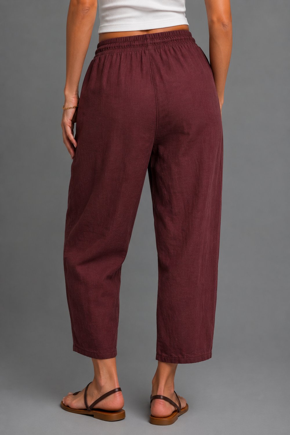 Kadın Bordo Beli Lastikli Dokuma Havuç Pantolon
