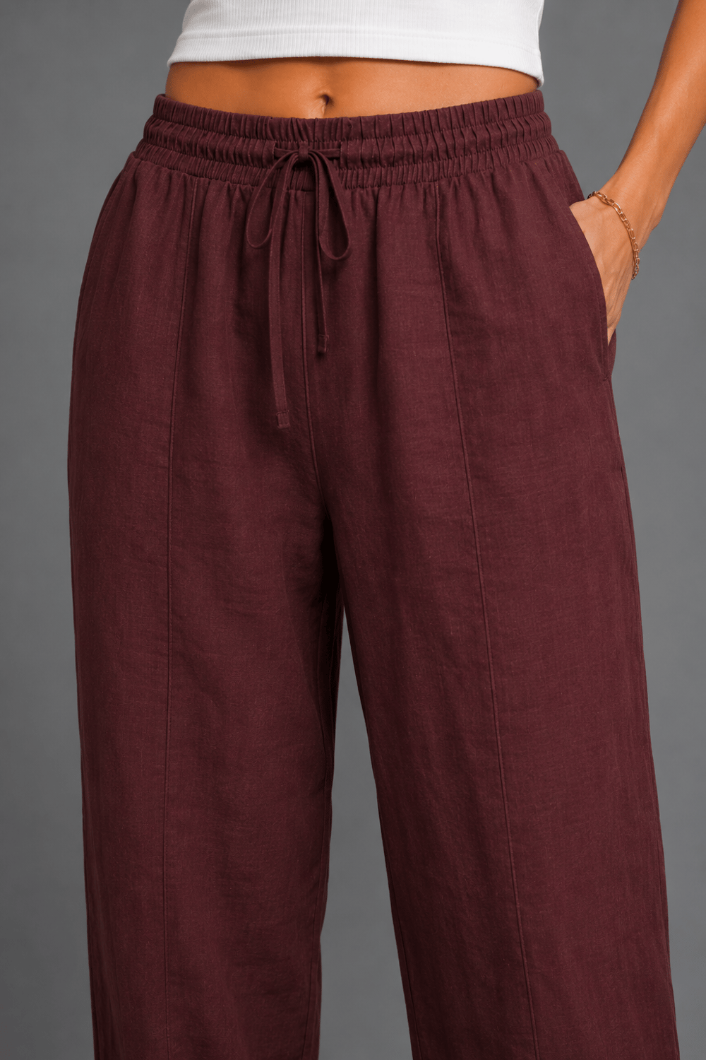 Kadın Bordo Beli Lastikli Dokuma Havuç Pantolon