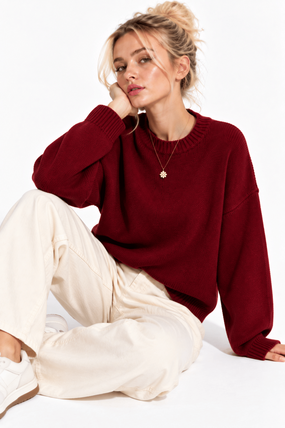 Kadın Bordo Bisiklet Yaka Soft Touch Oversize Triko Kazak