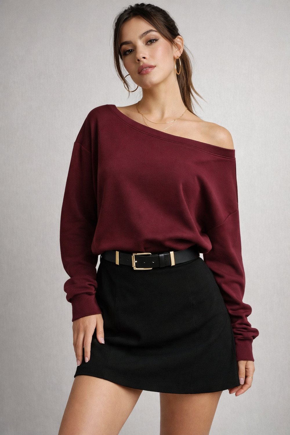 Kadın Bordo Düşük Omuz Modal Bluz