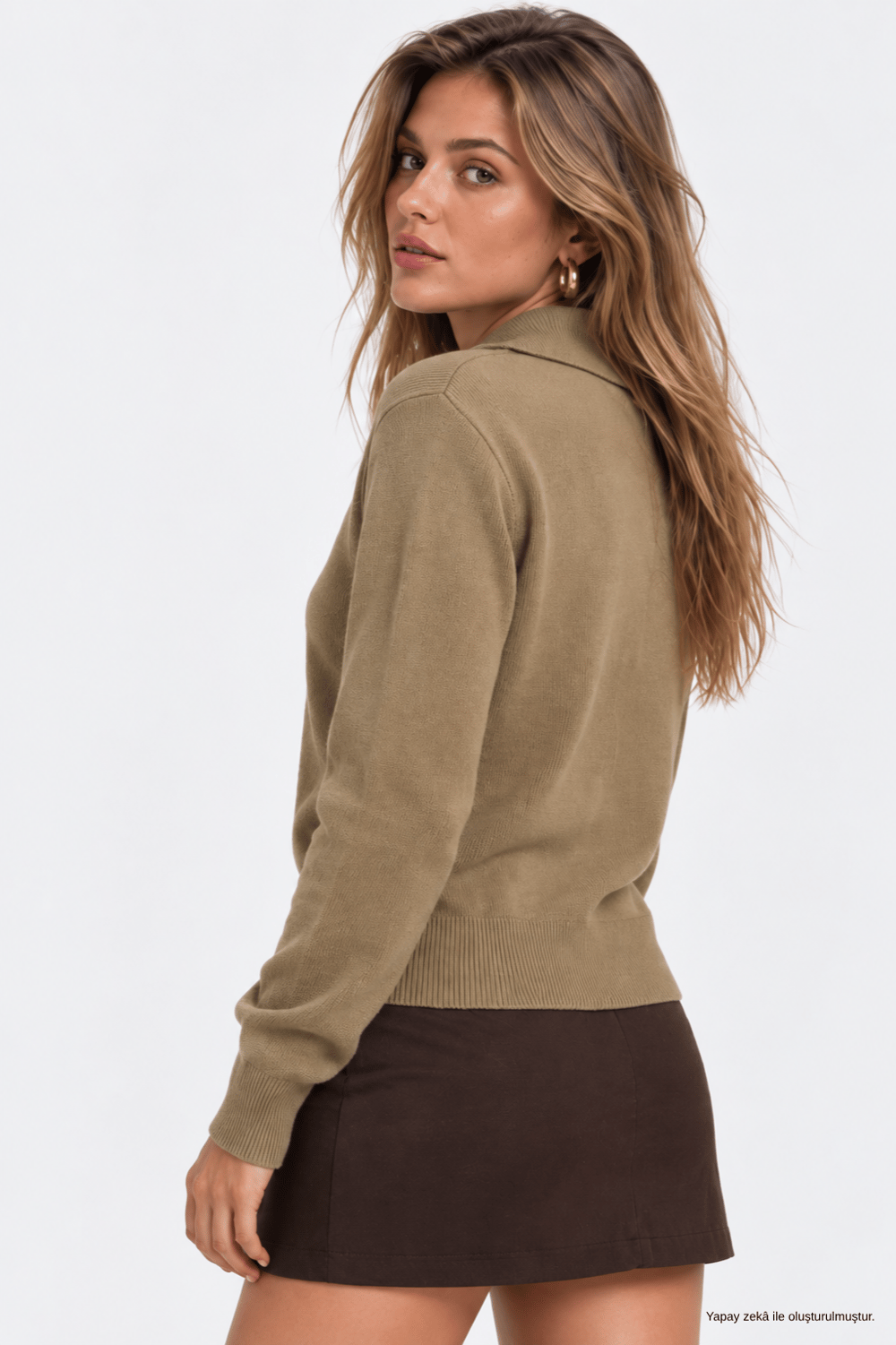 Kadın Camel Polo Yaka Uzun Kollu Triko Kazak