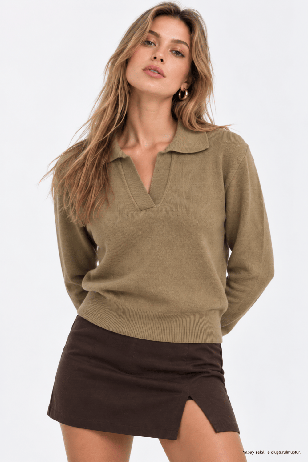 Kadın Camel Polo Yaka Uzun Kollu Triko Kazak