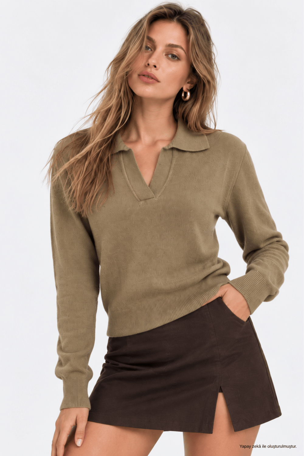 Kadın Camel Polo Yaka Uzun Kollu Triko Kazak