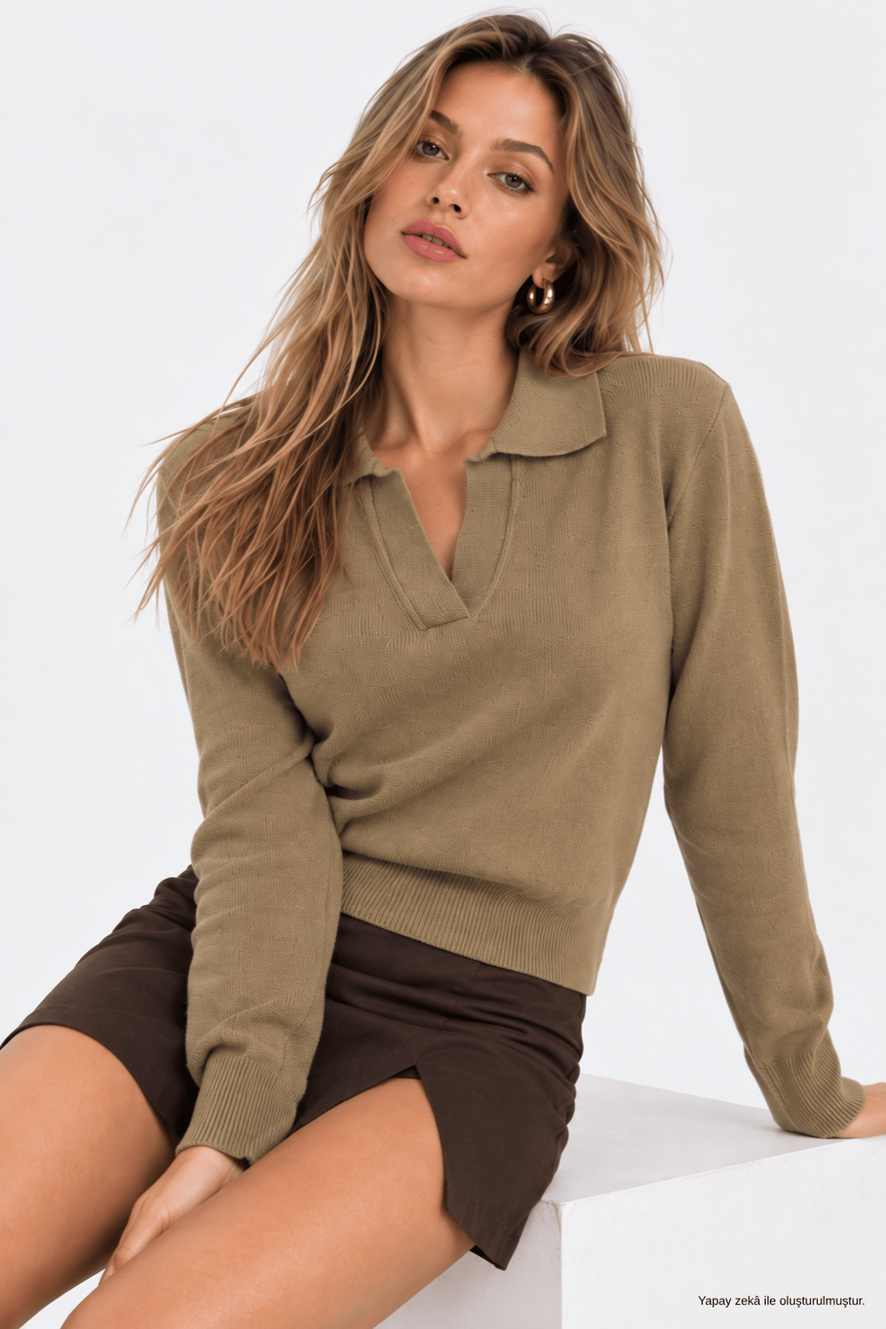 Kadın Camel Polo Yaka Uzun Kollu Triko Kazak