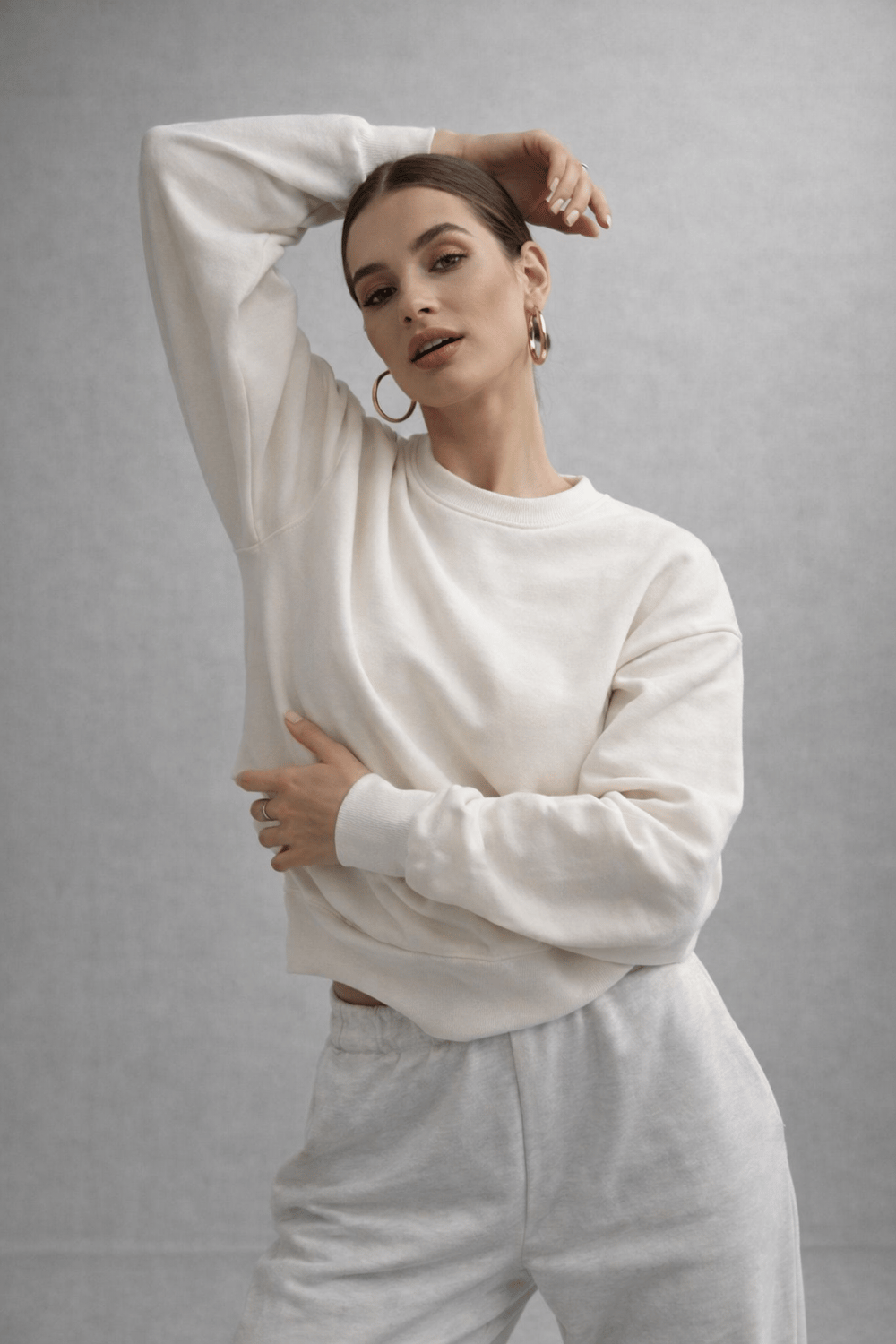 Kadın Ekru Pamuklu Interlock Oversize Sweatshirt