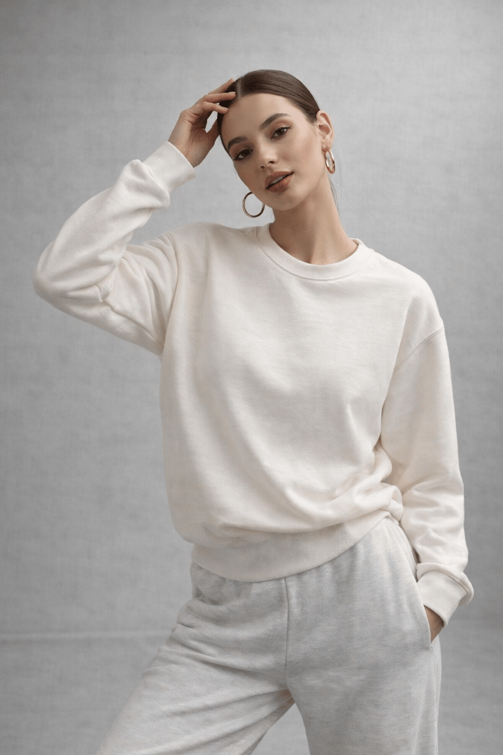 Kadın Ekru Pamuklu Interlock Oversize Sweatshirt