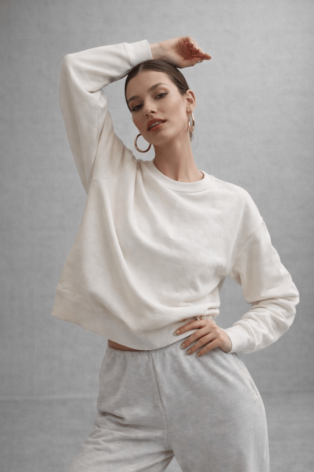 Kadın Ekru Pamuklu Interlock Oversize Sweatshirt