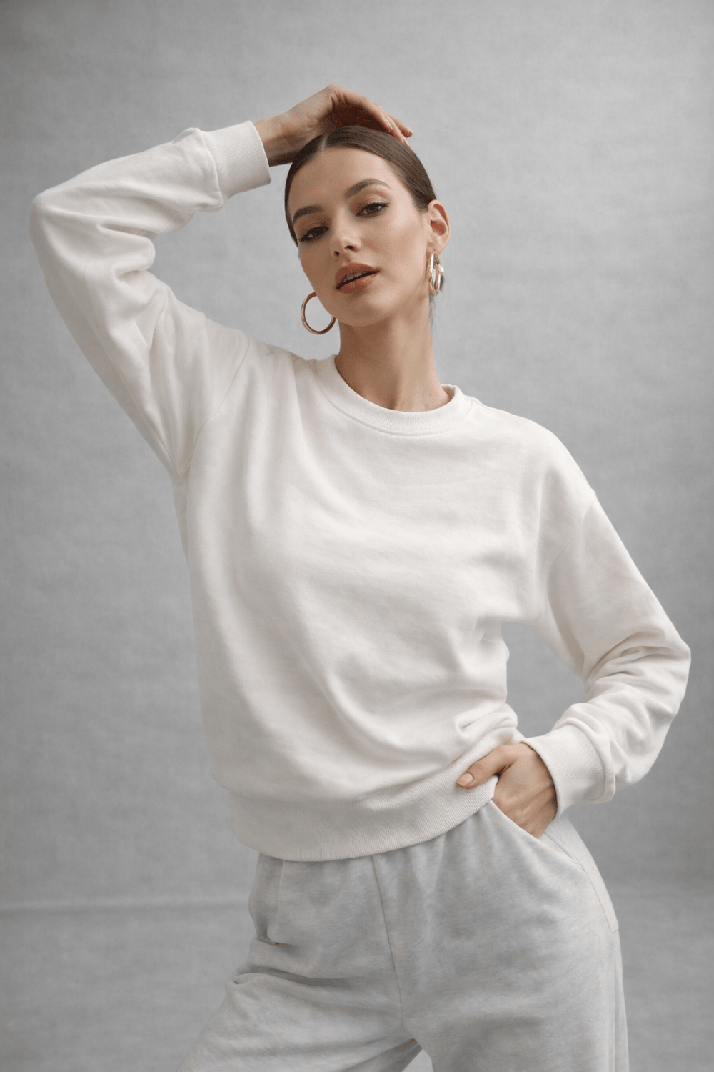 Kadın Ekru Pamuklu Interlock Oversize Sweatshirt