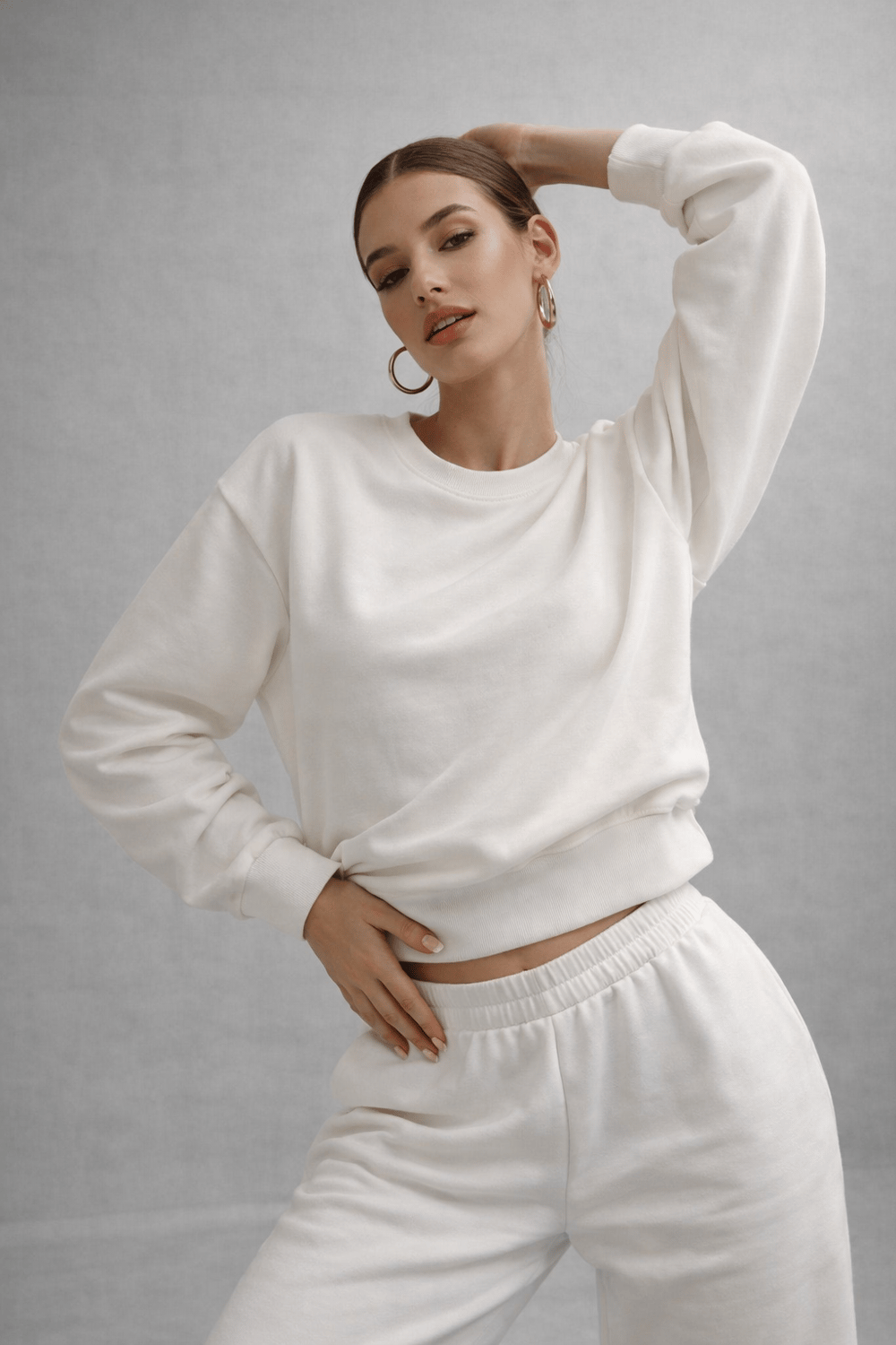 Kadın Ekru Pamuklu Interlock Oversize Sweatshirt
