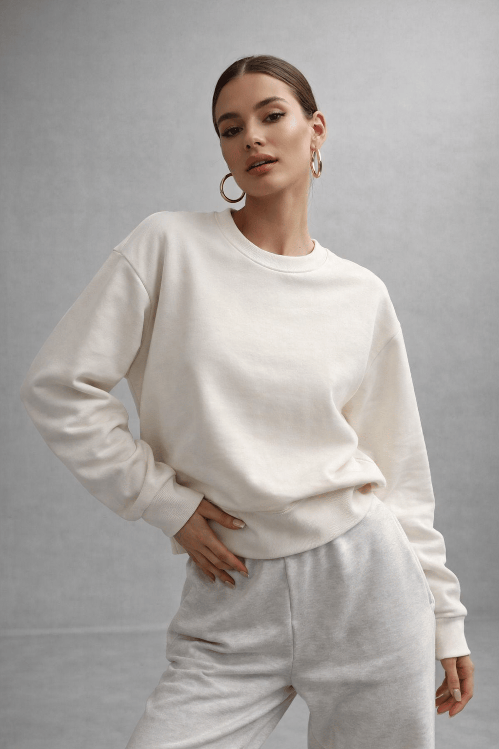 Kadın Ekru Pamuklu Interlock Oversize Sweatshirt