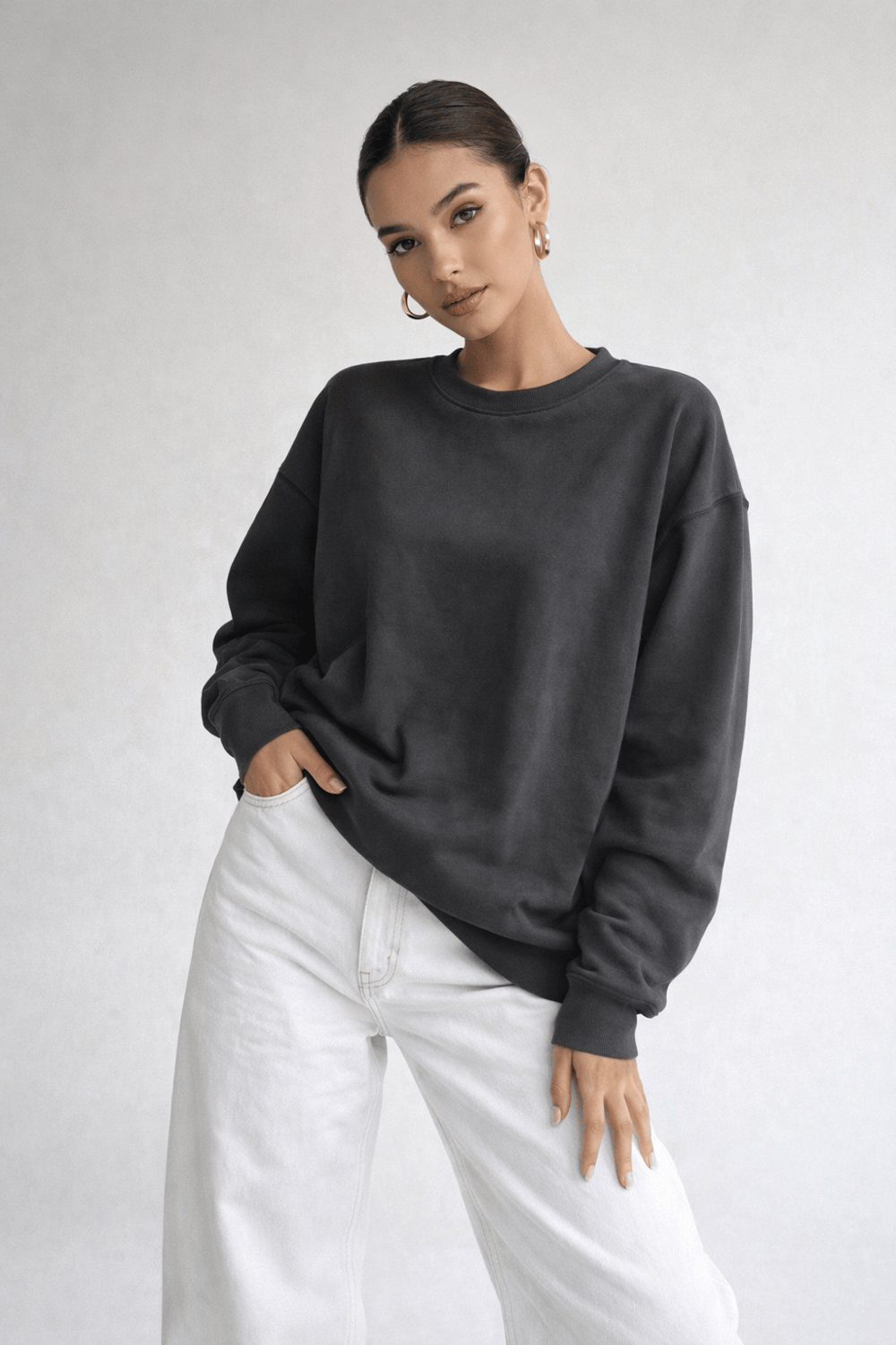 Kadın Füme Bisiklet Yaka Uzun Kollu Oversize Sweatshirt