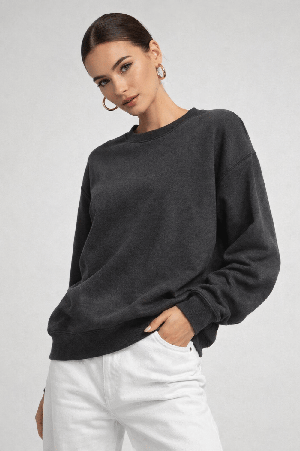 Kadın Füme Bisiklet Yaka Uzun Kollu Oversize Sweatshirt