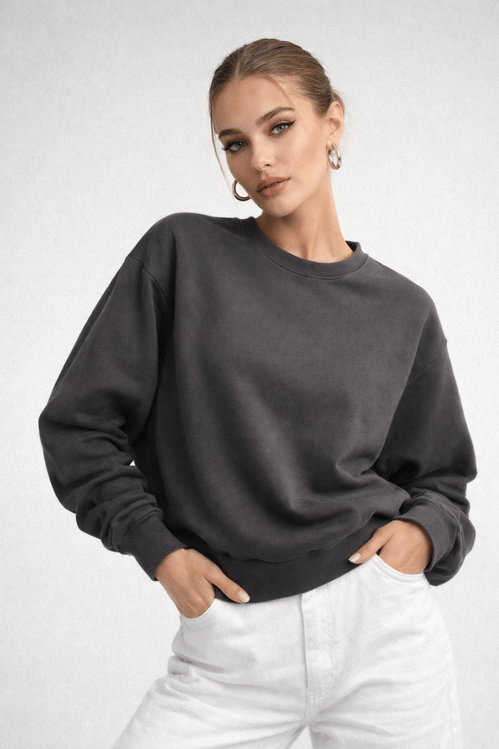 Kadın Füme Bisiklet Yaka Uzun Kollu Oversize Sweatshirt