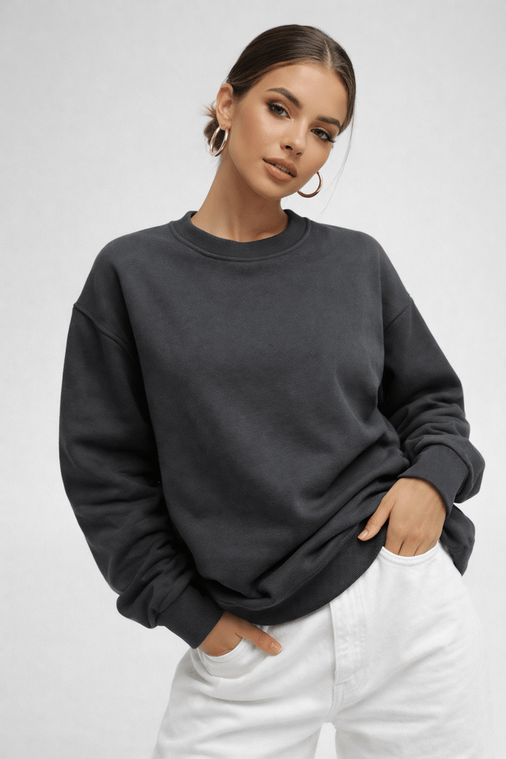 Kadın Füme Bisiklet Yaka Uzun Kollu Oversize Sweatshirt