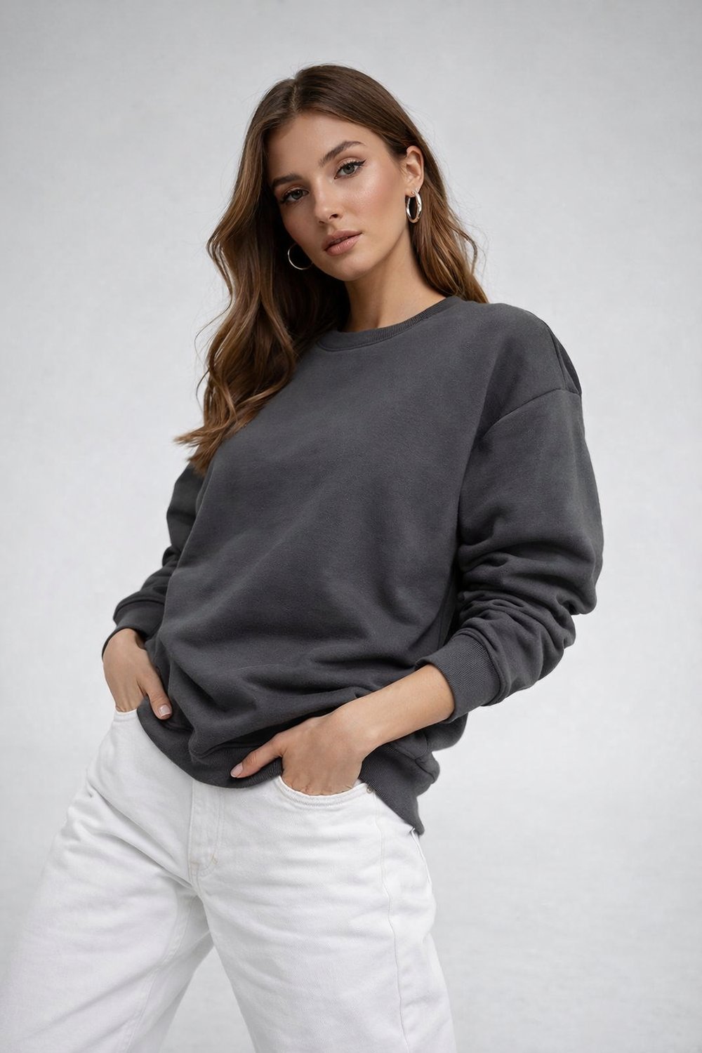 Kadın Füme Bisiklet Yaka Uzun Kollu Oversize Sweatshirt