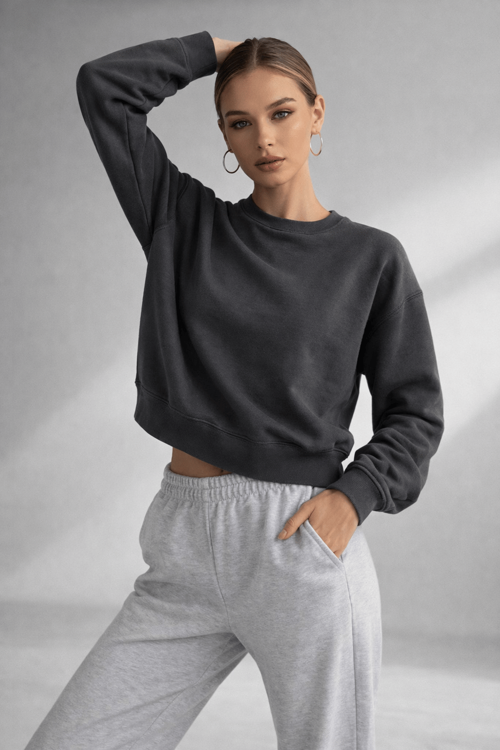 Kadın Füme Pamuklu Interlock Oversize Sweatshirt