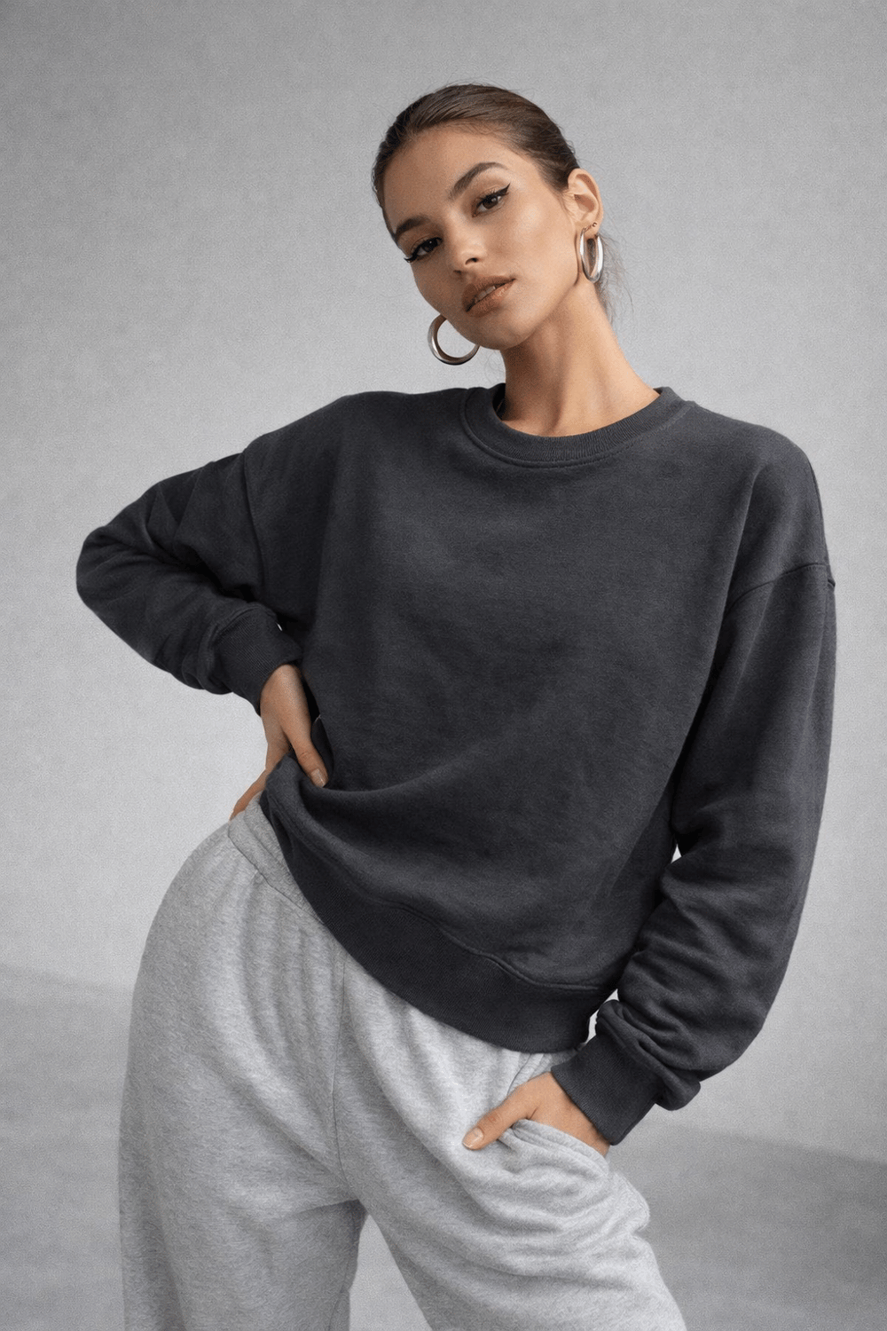 Kadın Füme Pamuklu Interlock Oversize Sweatshirt
