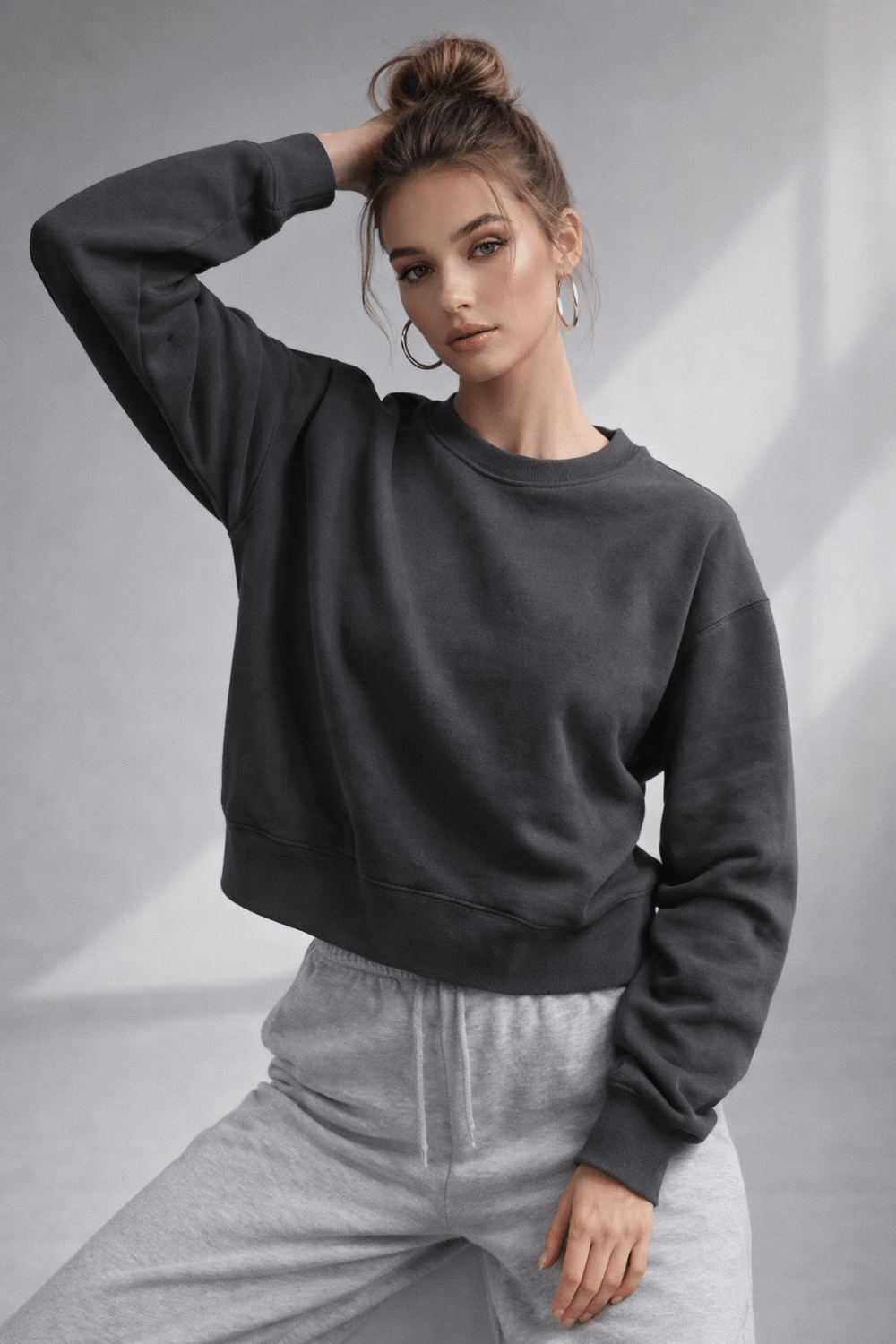 Kadın Füme Pamuklu Interlock Oversize Sweatshirt