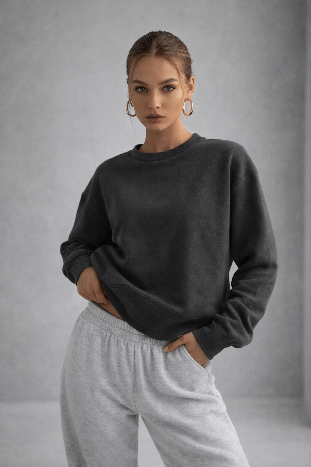 Kadın Füme Pamuklu Interlock Oversize Sweatshirt