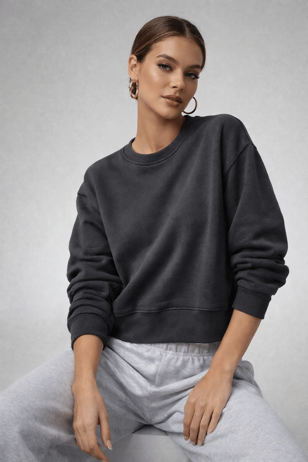 Kadın Füme Pamuklu Interlock Oversize Sweatshirt