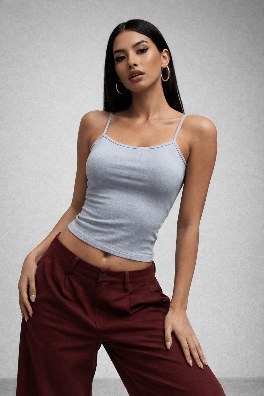 Kadın Gri Slim Fit Bisiklet Yaka Askılı Crop Atlet