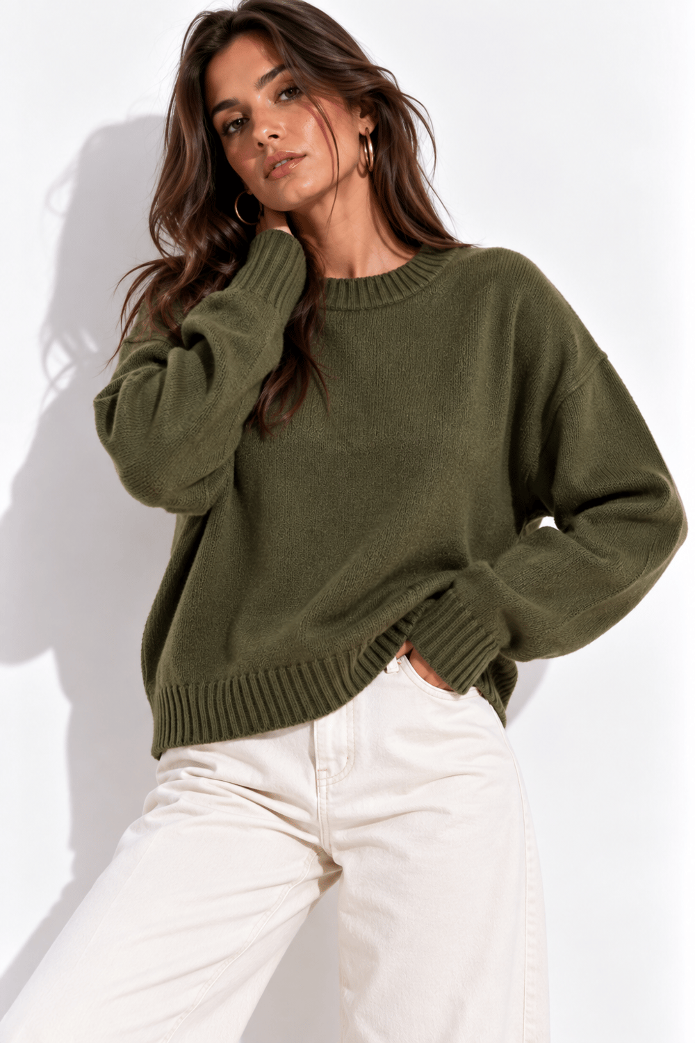 Kadın Haki Bisiklet Yaka Soft Touch Oversize Triko Kazak