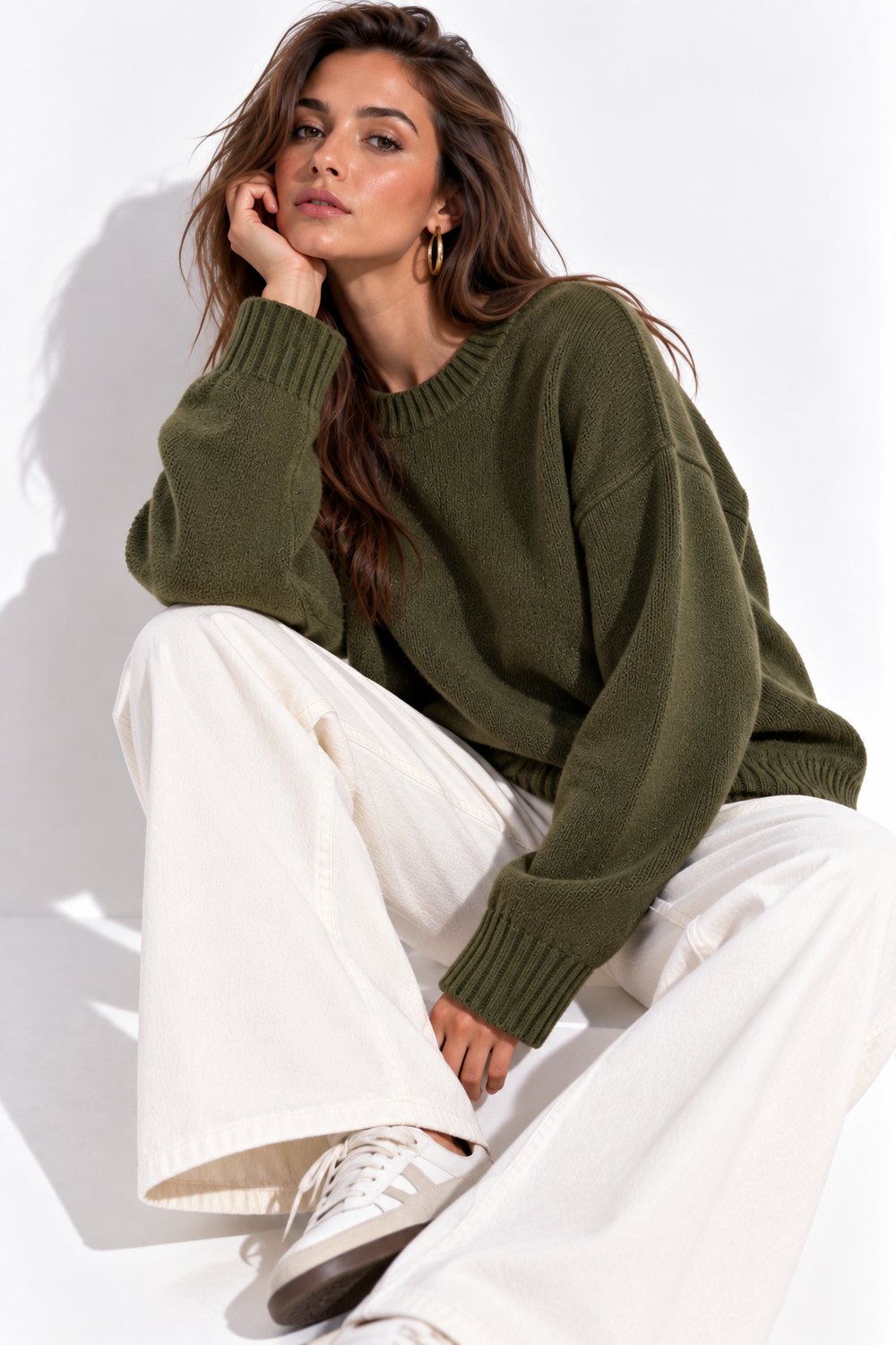 Kadın Haki Bisiklet Yaka Soft Touch Oversize Triko Kazak