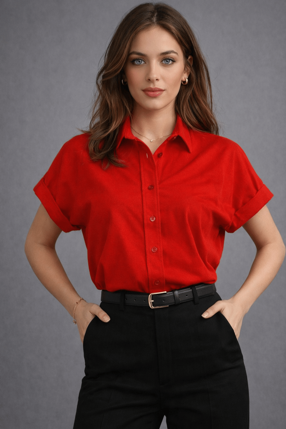 Kadın Kırmızı Kısa Kollu Oversize Viskon Gömlek
