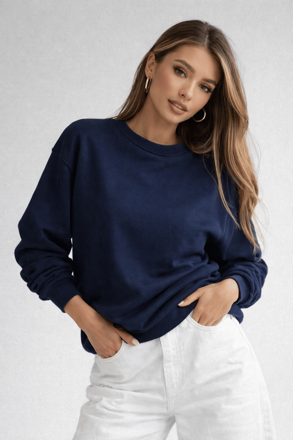 Kadın Lacivert Bisiklet Yaka Uzun Kollu Oversize Sweatshirt