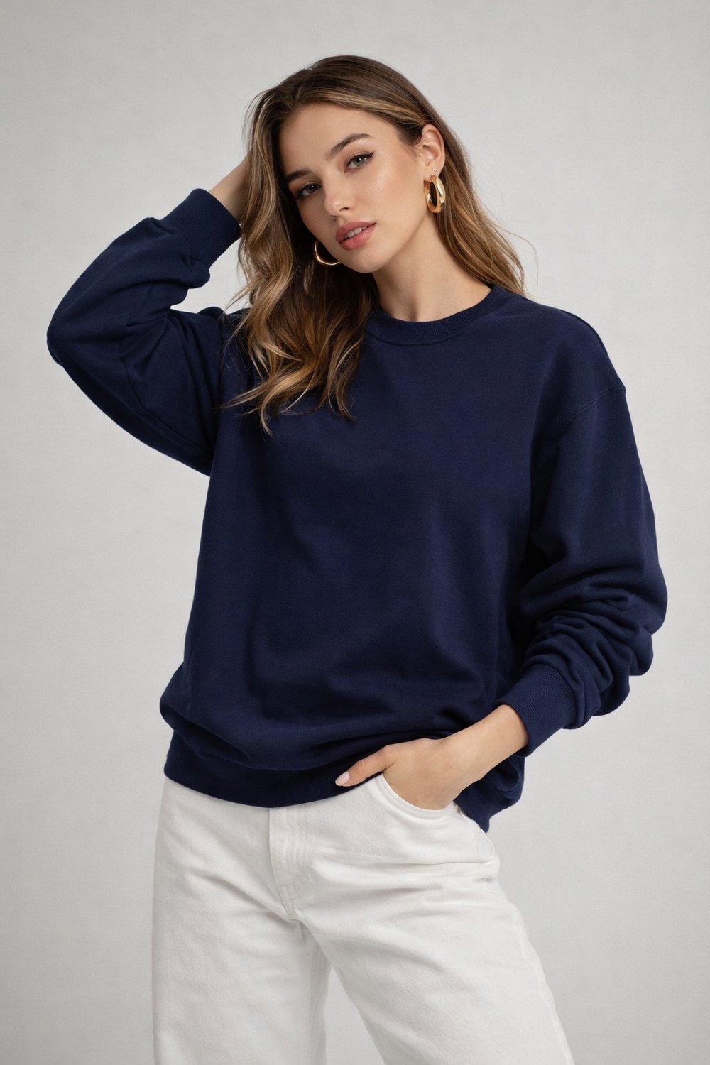 Kadın Lacivert Bisiklet Yaka Uzun Kollu Oversize Sweatshirt