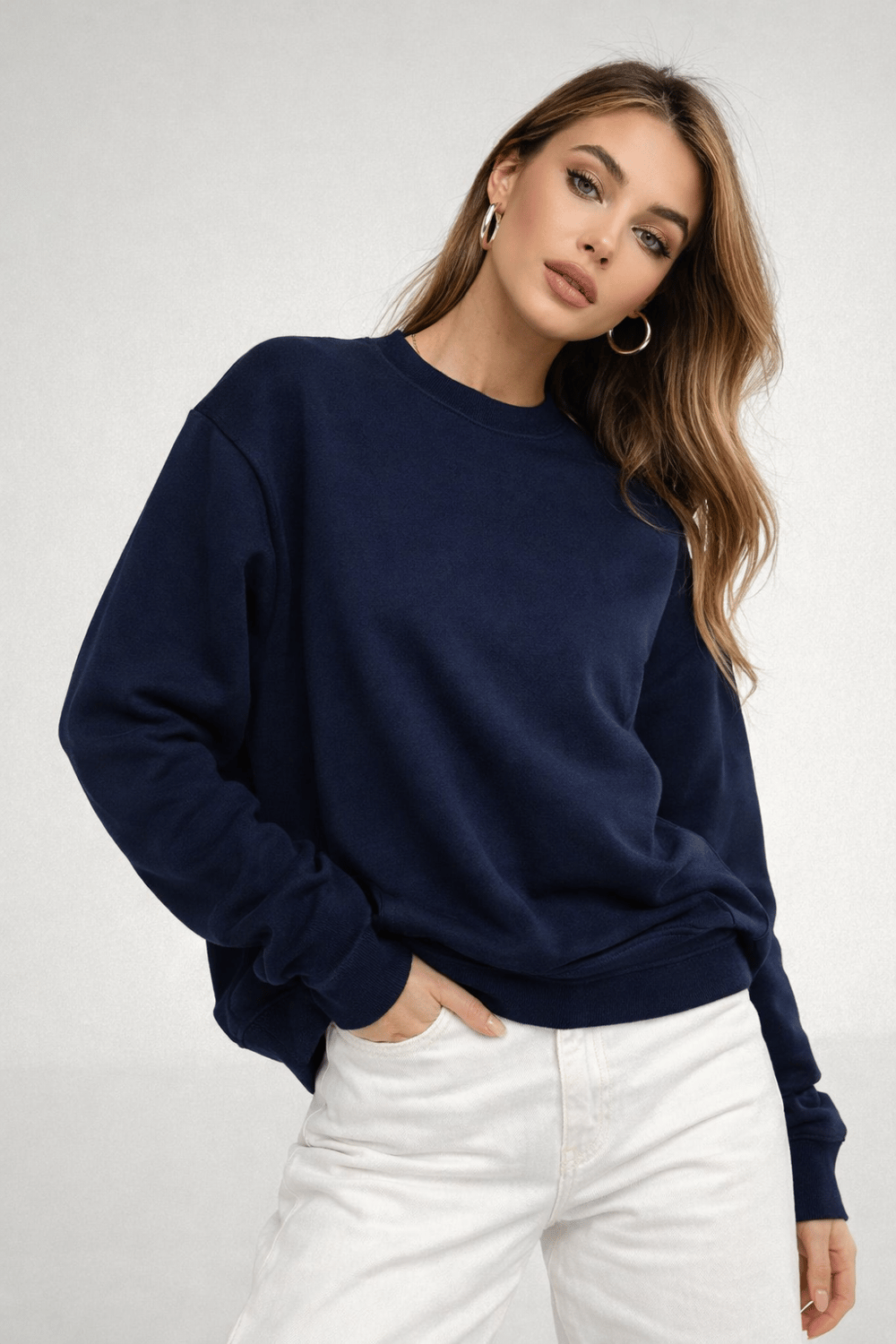 Kadın Lacivert Bisiklet Yaka Uzun Kollu Oversize Sweatshirt