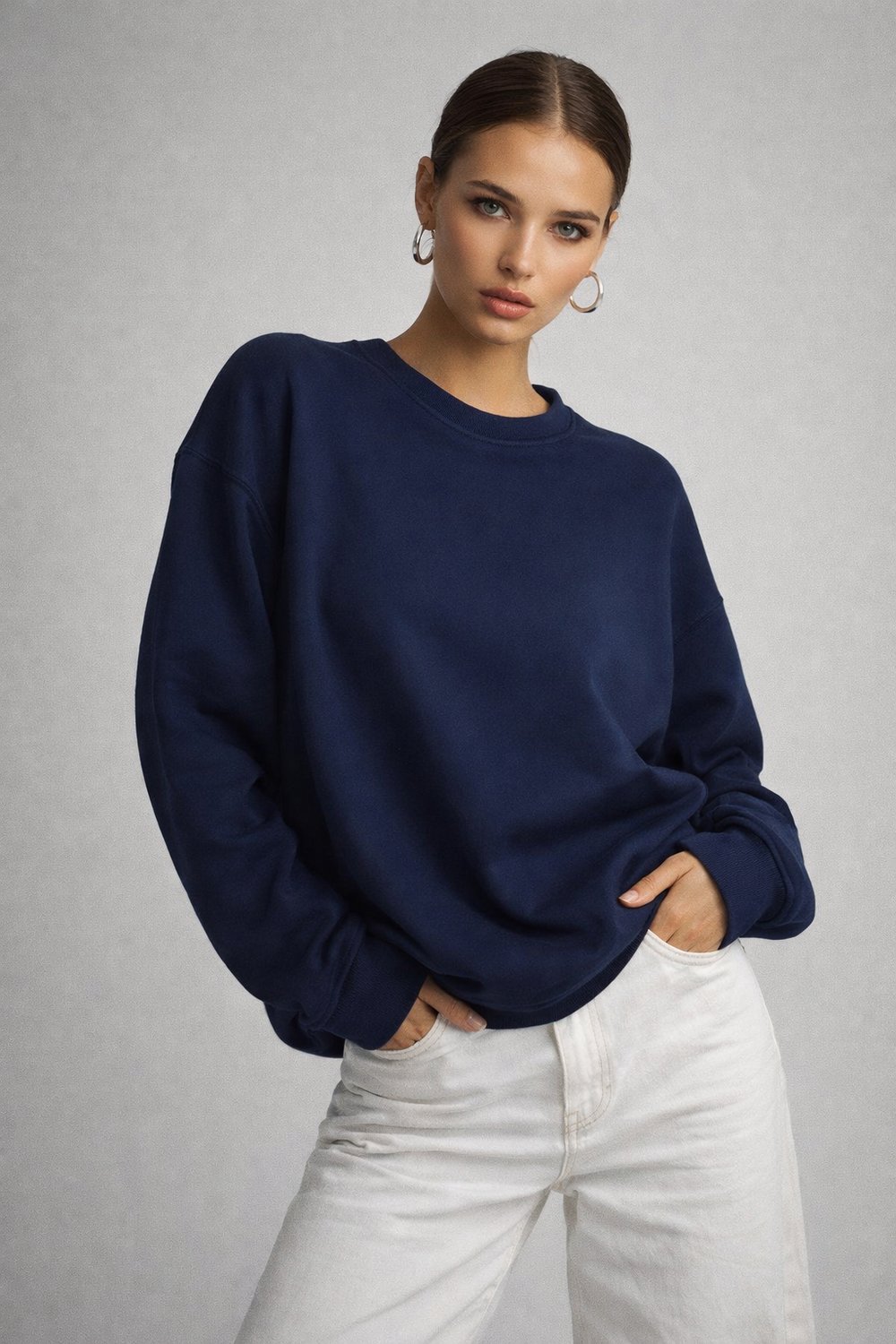 Kadın Lacivert Bisiklet Yaka Uzun Kollu Oversize Sweatshirt