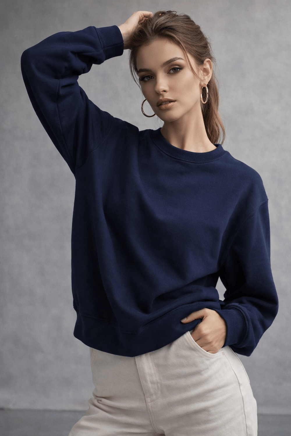 Kadın Lacivert Pamuklu Interlock Oversize Sweatshirt