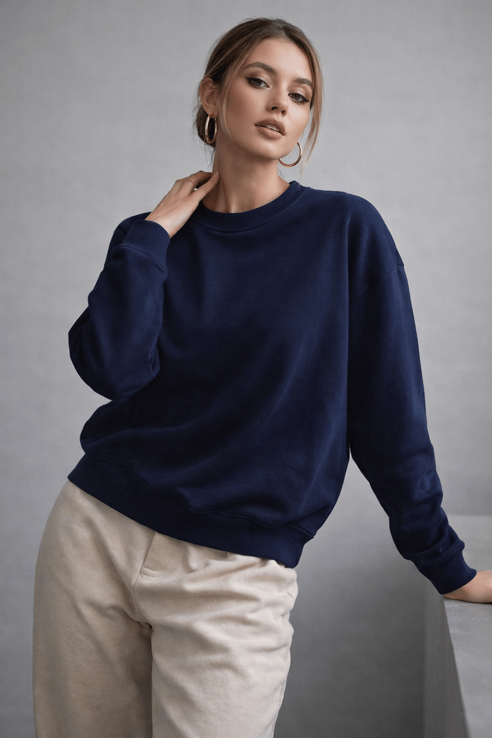 Kadın Lacivert Pamuklu Interlock Oversize Sweatshirt